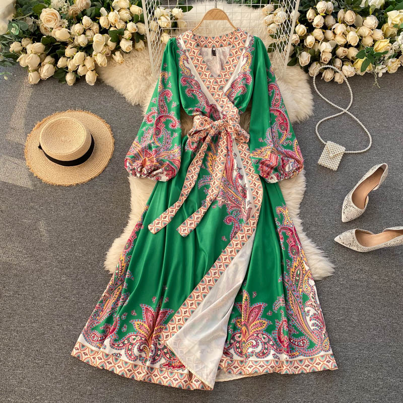 Exotic Retro Print One-piece Dress With Cross V-neck