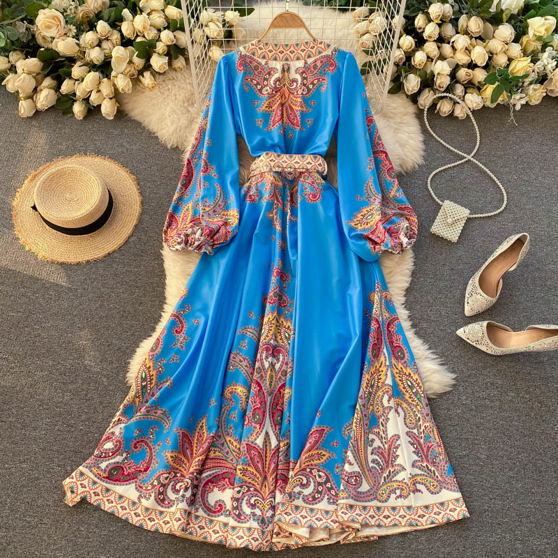 Exotic Retro Print One-piece Dress With Cross V-neck