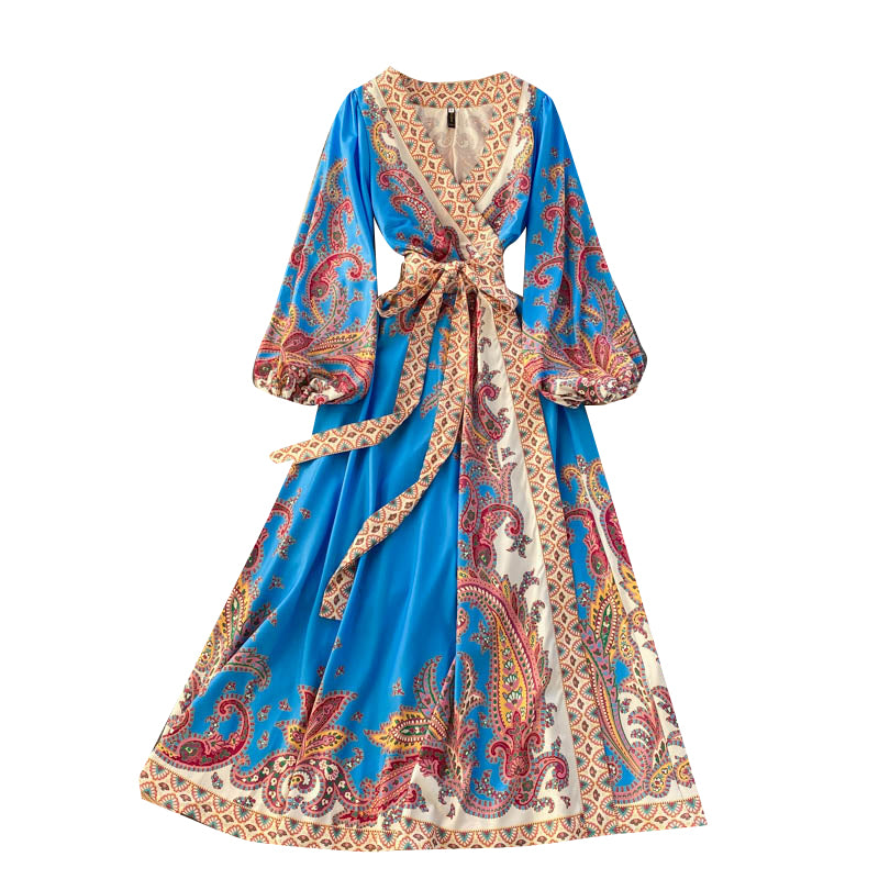 Exotic Retro Print One-piece Dress With Cross V-neck