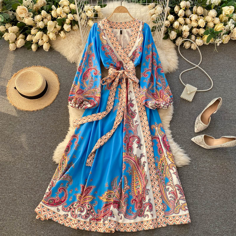 Exotic Retro Print One-piece Dress With Cross V-neck