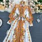 Lapel Puff Sleeve Exotic Printed Chiffon Skirt