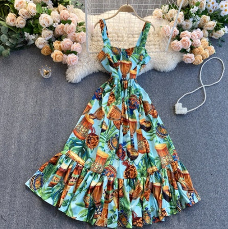 Dress Temperament Lotus Leaf Print Mid-length Suspender Skirt Square Neck Slim Fit Large Hem