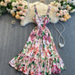 Dress Temperament Lotus Leaf Print Mid-length Suspender Skirt Square Neck Slim Fit Large Hem