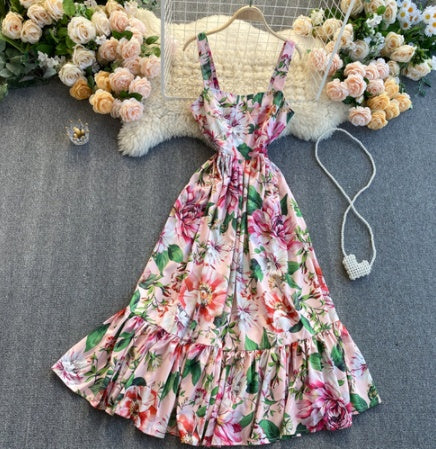 Dress Temperament Lotus Leaf Print Mid-length Suspender Skirt Square Neck Slim Fit Large Hem