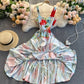 Dress Temperament Lotus Leaf Print Mid-length Suspender Skirt Square Neck Slim Fit Large Hem