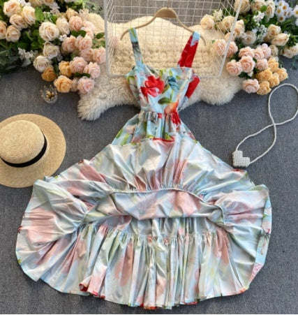 Dress Temperament Lotus Leaf Print Mid-length Suspender Skirt Square Neck Slim Fit Large Hem