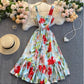 Dress Temperament Lotus Leaf Print Mid-length Suspender Skirt Square Neck Slim Fit Large Hem