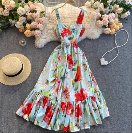 Dress Temperament Lotus Leaf Print Mid-length Suspender Skirt Square Neck Slim Fit Large Hem