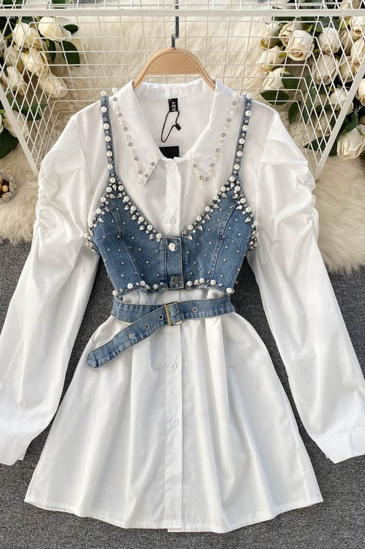 Chemise à revers parfumée et perles, gilet à bretelles empilables, chemisier deux pièces chic style Hong Kong pour femme