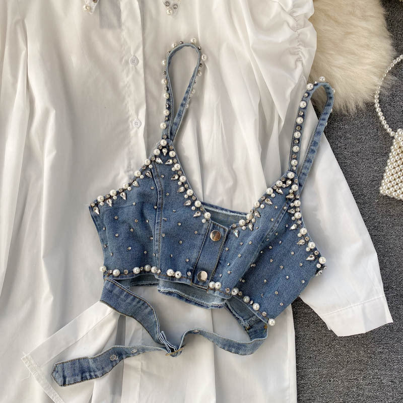 Small Fragrance Lapel Beaded Shirt Stacking Bead Sling Waistcoat Chic Hong Kong Style Fashion Two-Piece Blouse Women