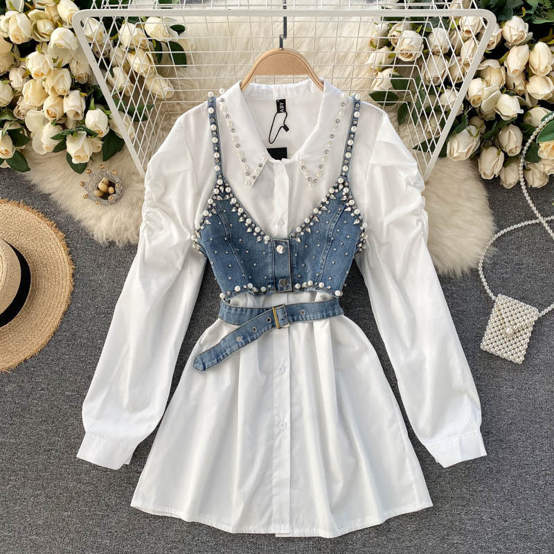 Small Fragrance Lapel Beaded Shirt Stacking Bead Sling Waistcoat Chic Hong Kong Style Fashion Two-Piece Blouse Women