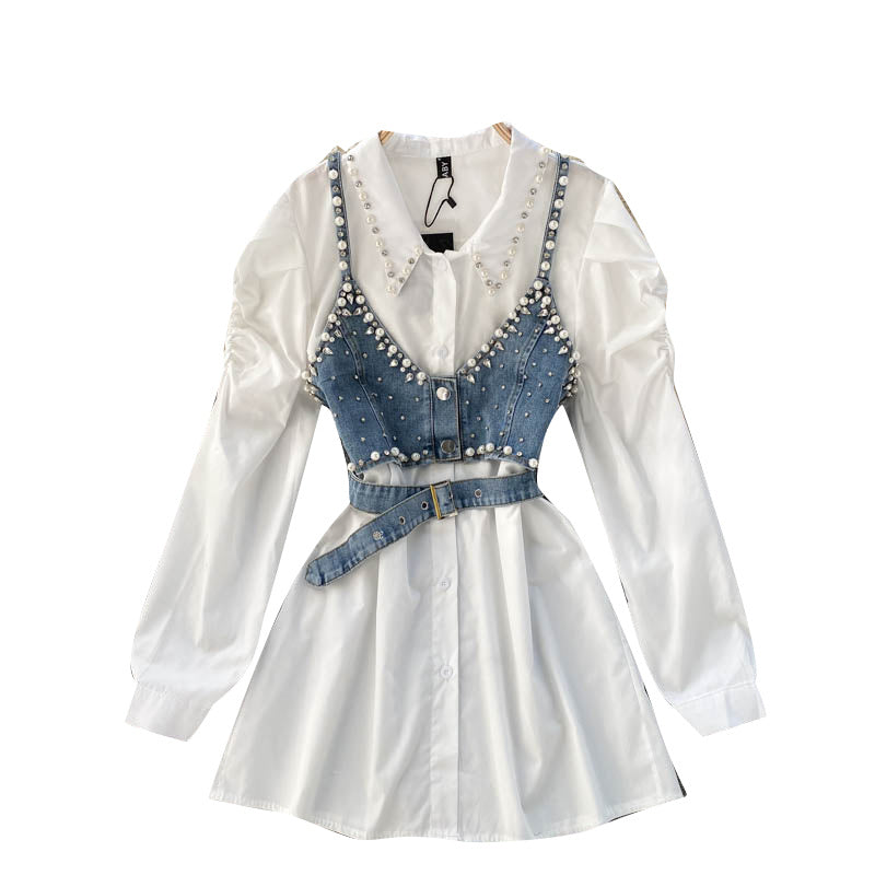 Chemise à revers parfumée et perles, gilet à bretelles empilables, chemisier deux pièces chic style Hong Kong pour femme