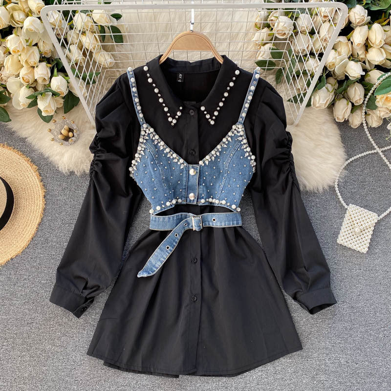 Chemise à revers parfumée et perles, gilet à bretelles empilables, chemisier deux pièces chic style Hong Kong pour femme