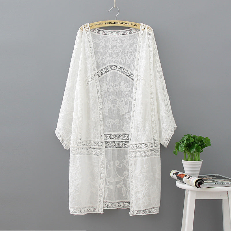 Hollow Chain Link Flower Mid-length Lace Outer Cardigan