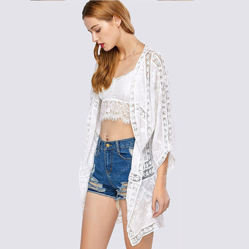 Hollow Chain Link Flower Mid-length Lace Outer Cardigan