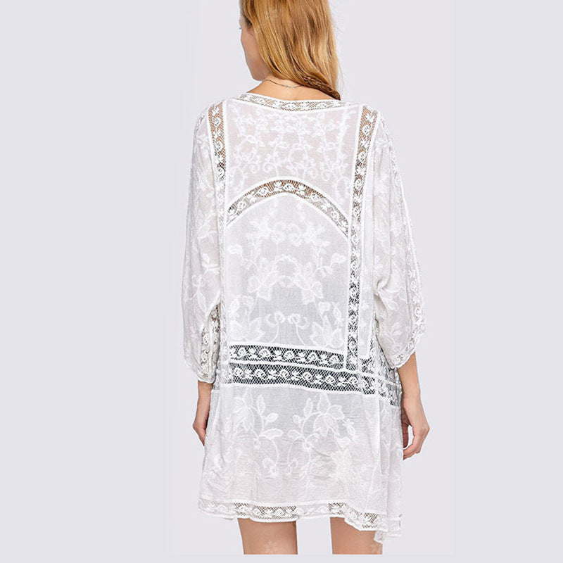 Hollow Chain Link Flower Mid-length Lace Outer Cardigan
