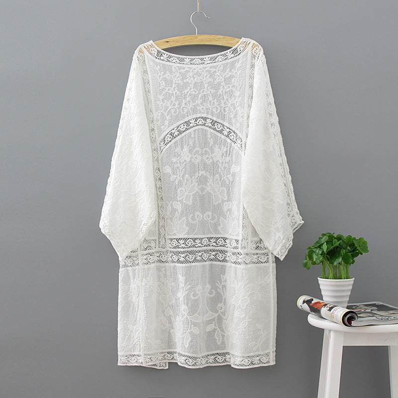Hollow Chain Link Flower Mid-length Lace Outer Cardigan