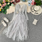 French retro long-sleeved mesh stitching knit dress