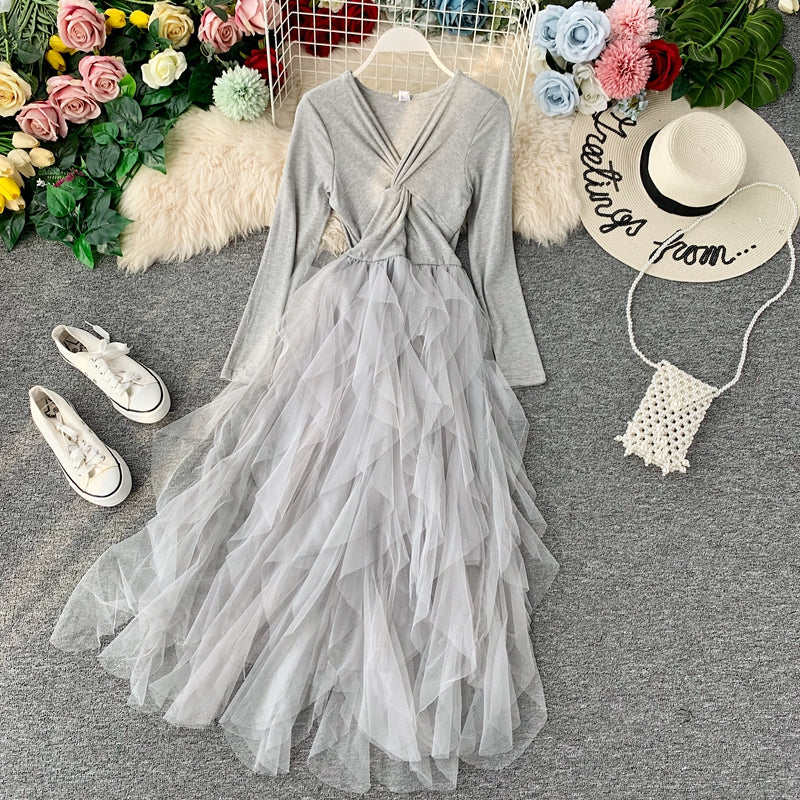 French retro long-sleeved mesh stitching knit dress