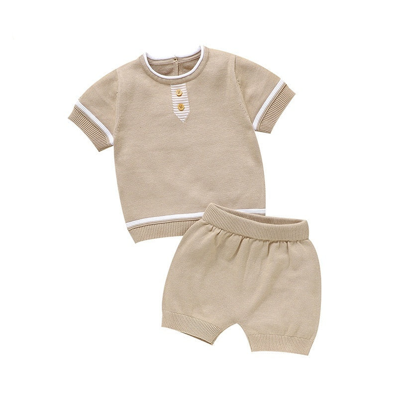Ensemble chemise et short en tricot à manches courtes et col rond pour bébé, couleur unie