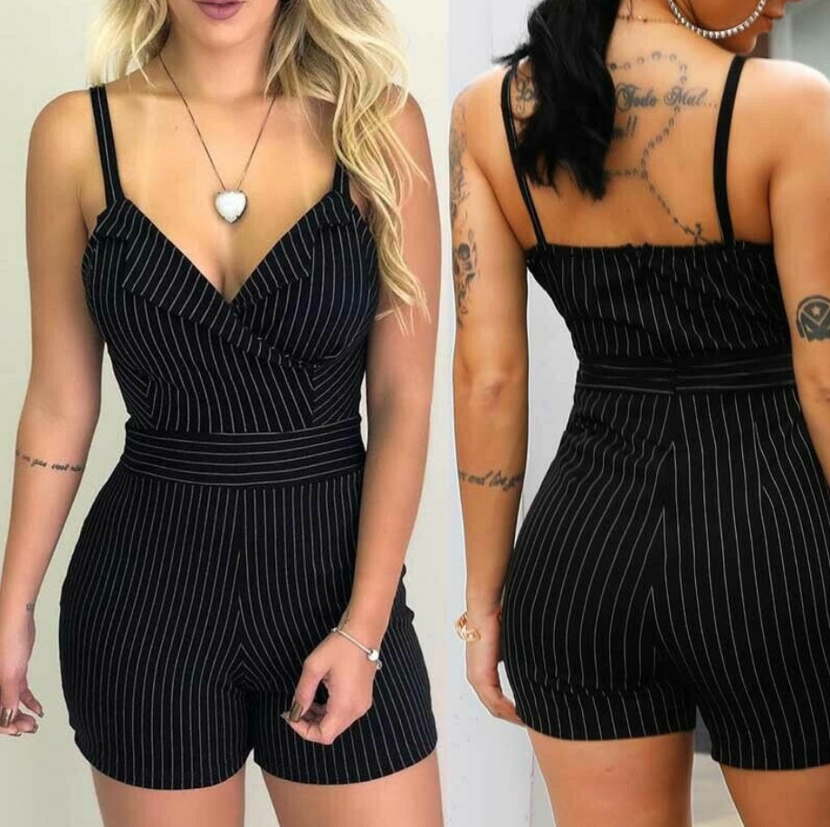 Short slim décontracté sans manches à rayures et col en V