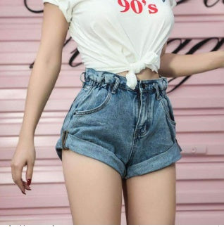 Short en jean taille haute pour femme, taille élastique, revers à la taille, pantalon à jambes larges, short ample, nouvelle version coréenne rétro