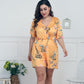 Women's Deep V Print Short Sleeve Waist Casual Siamese Shorts