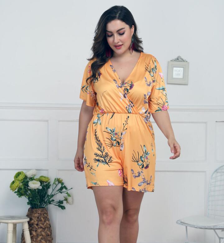 Women's Deep V Print Short Sleeve Waist Casual Siamese Shorts