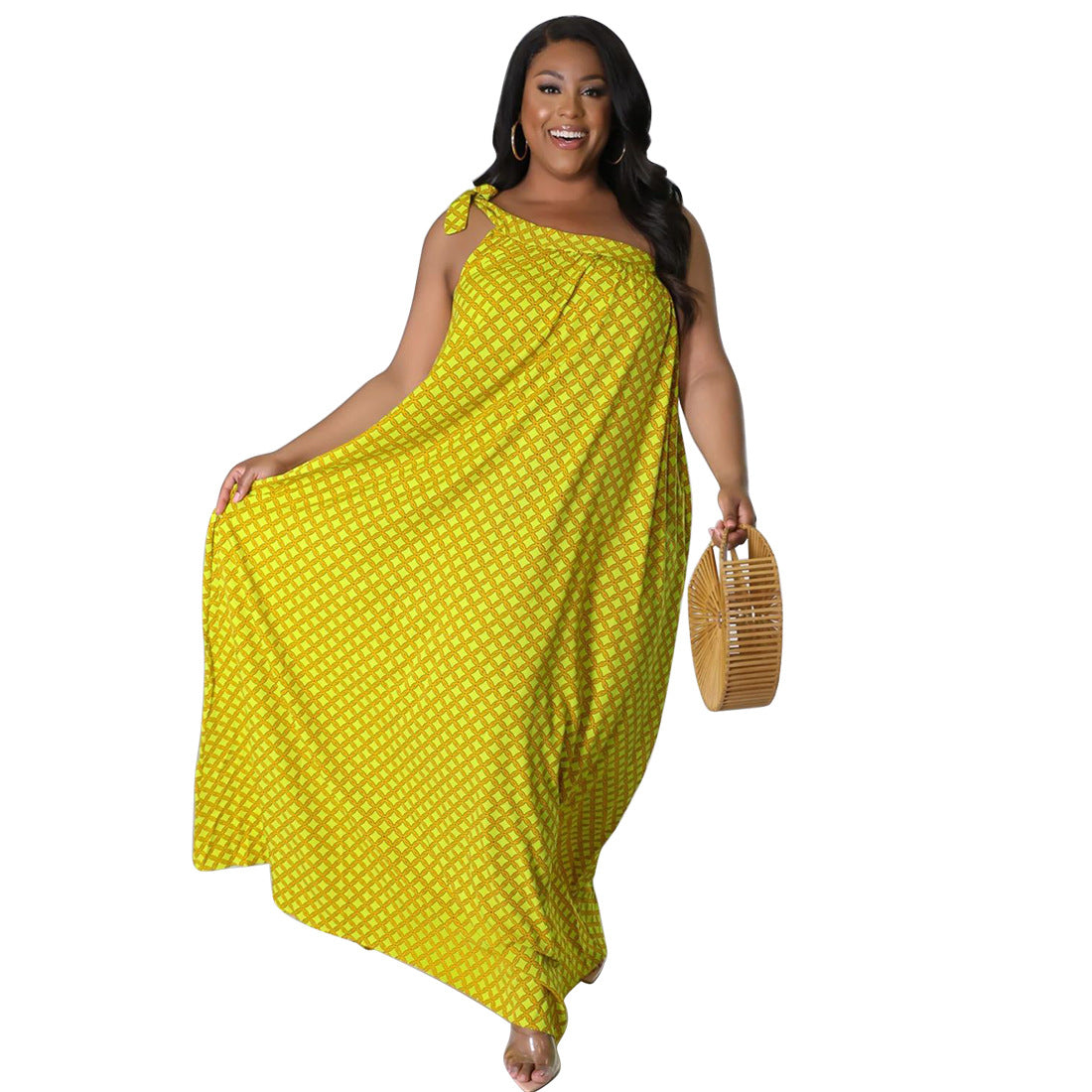 Plus-size Women's Sexy Backless Solid-color Printed One-shoulder Halter Dress