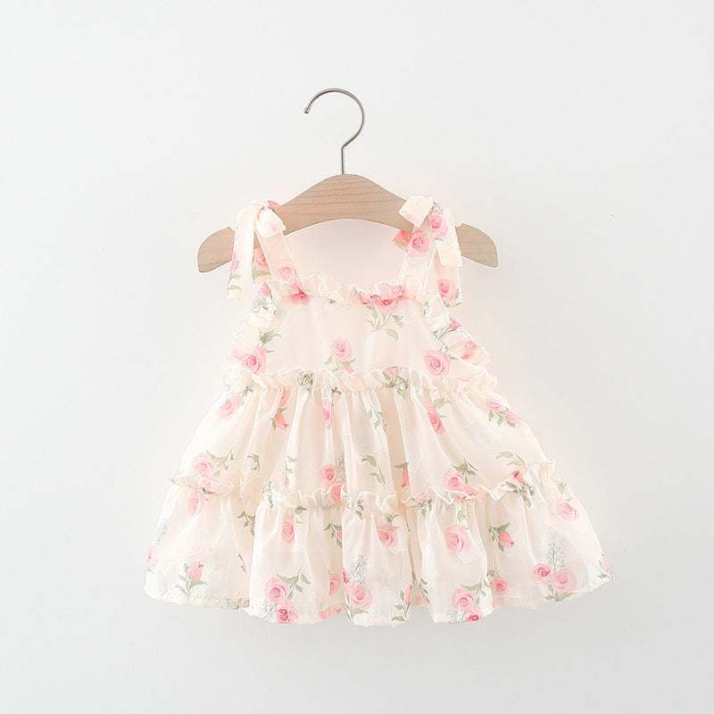 Robe de princesse en mousseline de soie multicouche à imprimé sans manches et double couche