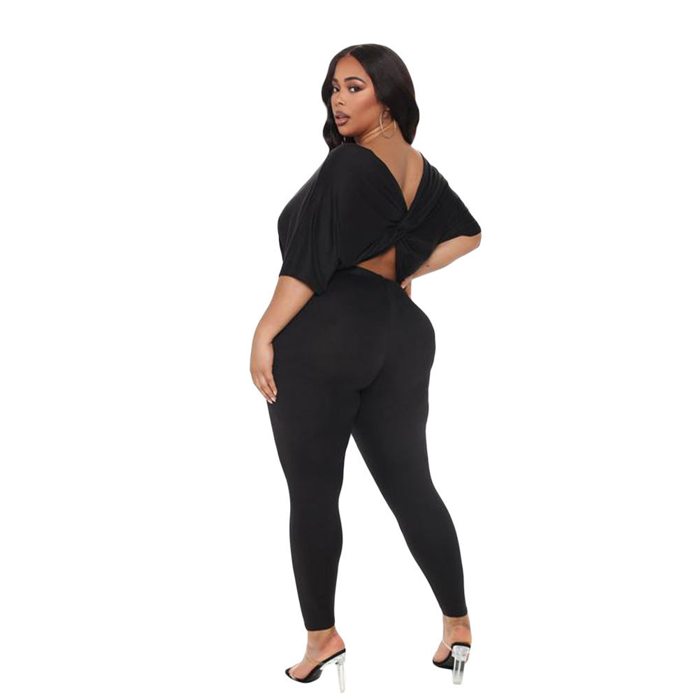 Costume deux pièces ample décontracté dos nu torsadé couleur unie