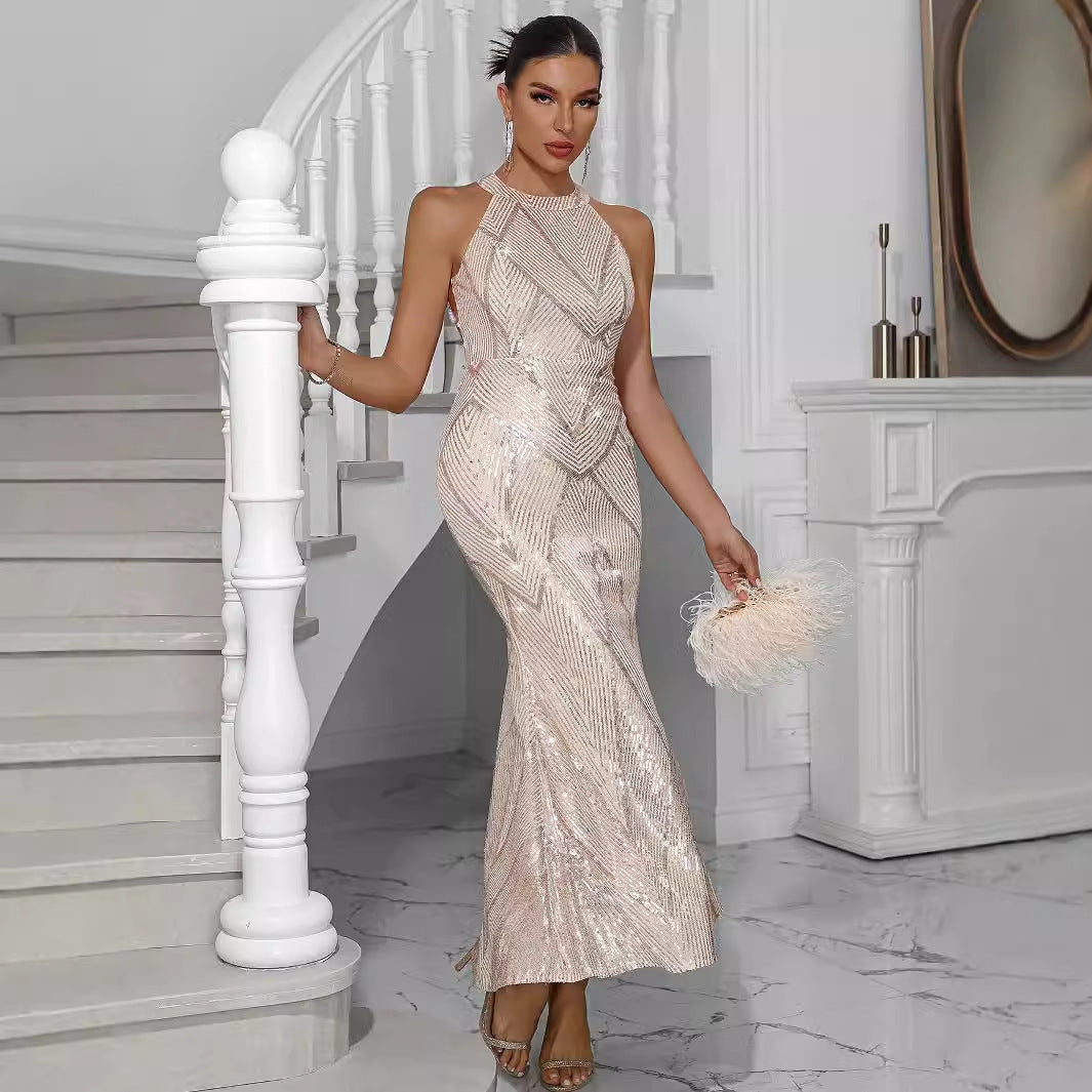 European And American Style Women's Wear Sequins Dress Round Neck Off-shoulder Backless