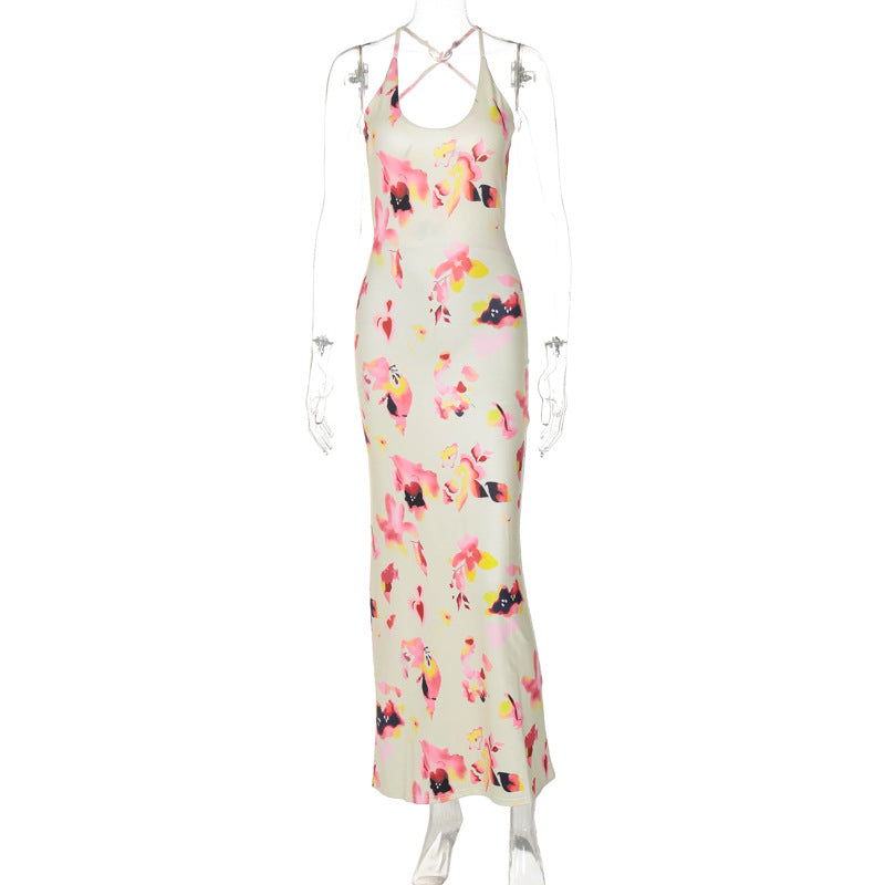 Fashion Printed Backless U-neck Slim Strap Dress