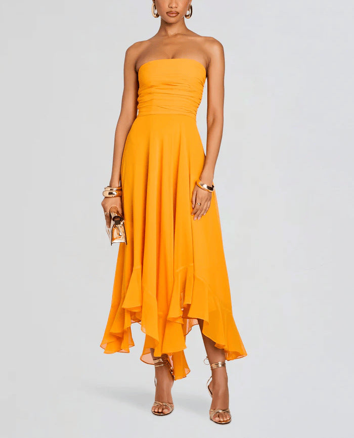 Ruched, Slim-fit, Chic, Asymmetric Maxi Dress