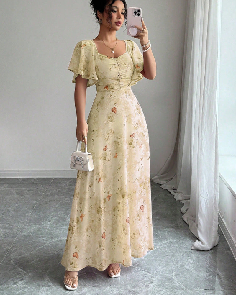 Lotus Sleeve Printed Slim Elegant Dress