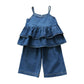 Denim Suspender Top And Shorts Suit