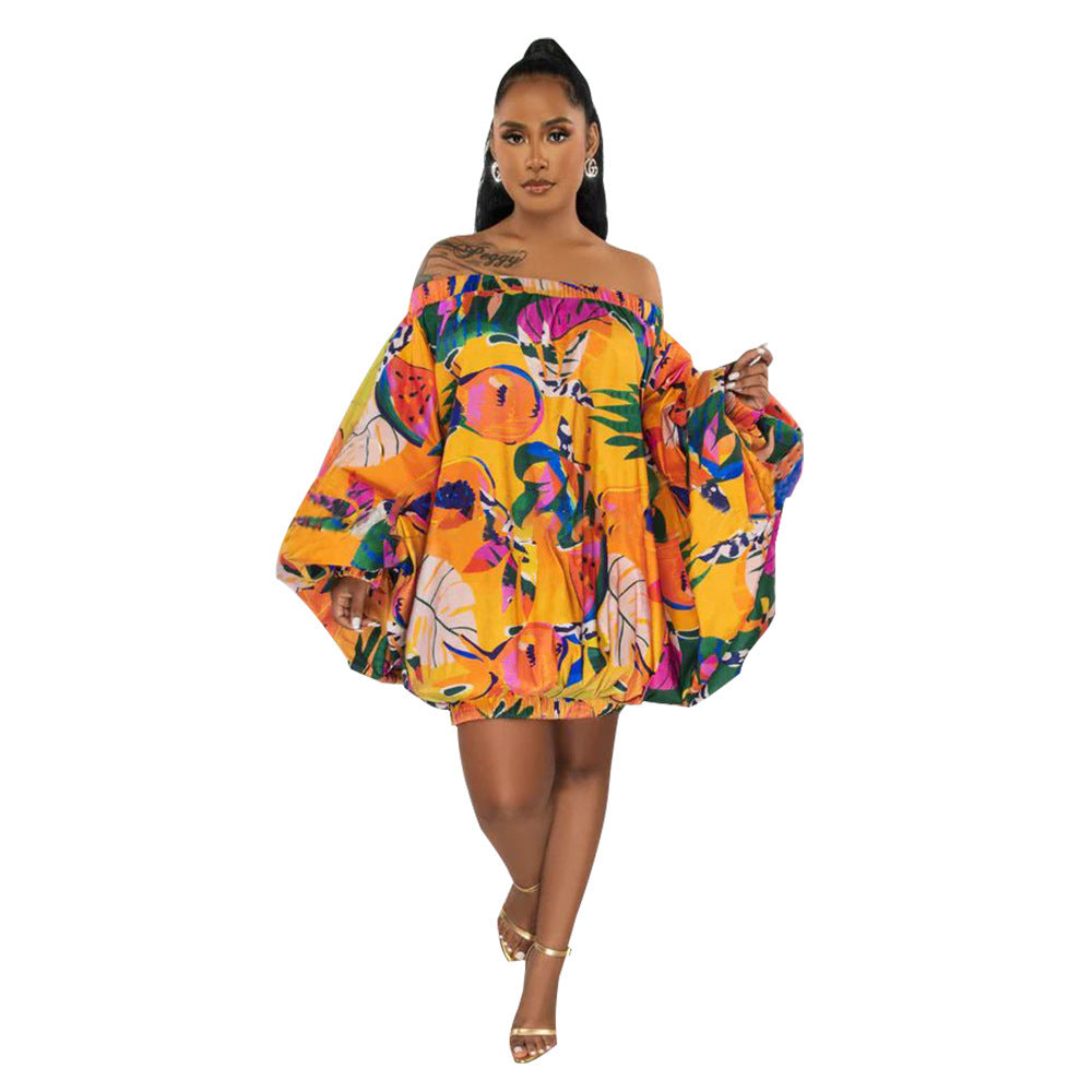 Robe courte imprimée à épaules dénudées et manches chauve-souris en polyester pour femme