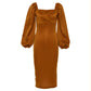 Waist puff sleeve stretch cotton dress