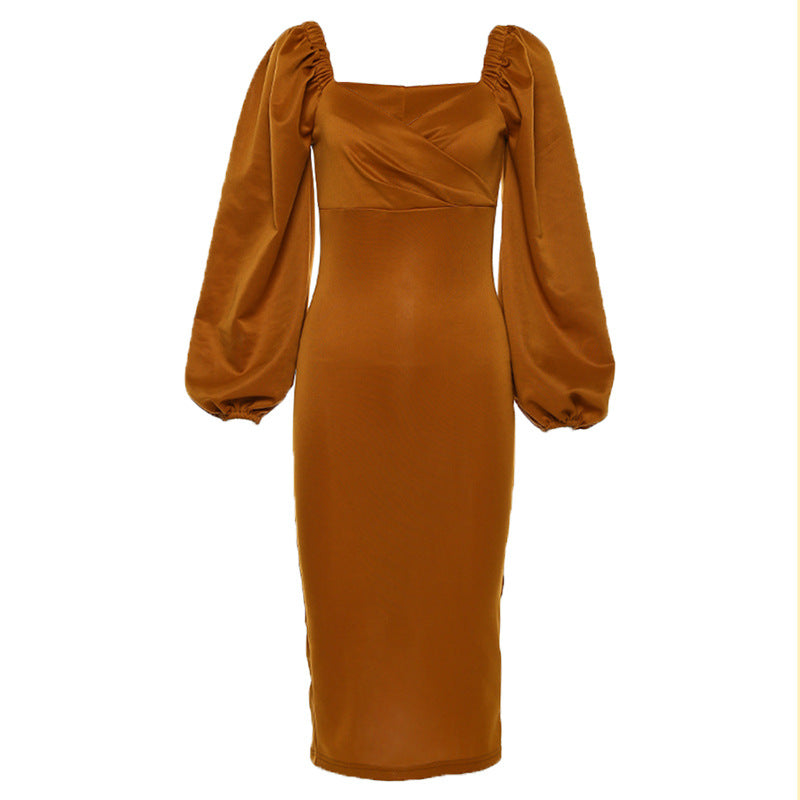 Waist puff sleeve stretch cotton dress