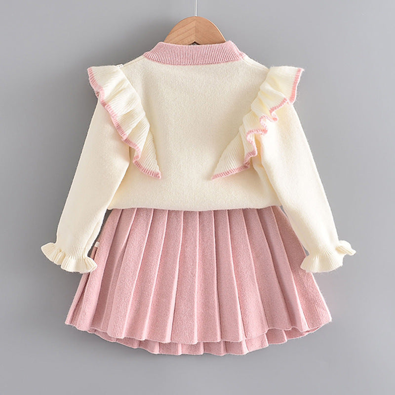 Ensemble pull tricoté à manches volantées pour fille