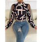 Geometric Print Stitching Mesh Round Neck Pullover Top