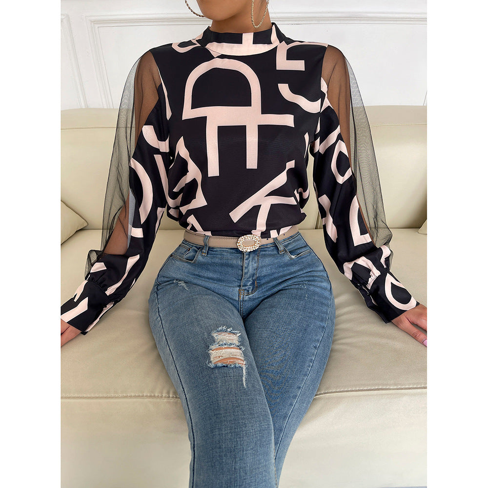 Geometric Print Stitching Mesh Round Neck Pullover Top