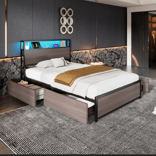 Metal Bed, 3FT Single Bed 90x190cm, With LED Light Strip And 4 Drawerss, 2 USB Port 1 Type C, Durable And Sturdy, Youth Bed, For Adults  Teenagers, Multifunctional Bed, Wrought Iron Bed, Grey