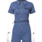 Fashion street beat deep V zipper belt pocket slim denim jumpsuit