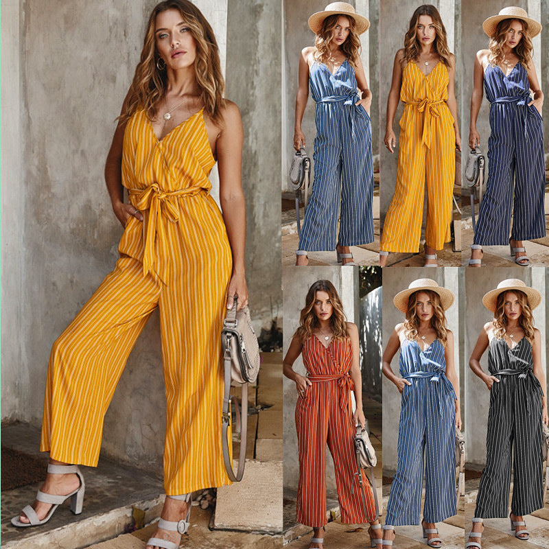 Pantalon sexy à rayures et col en V