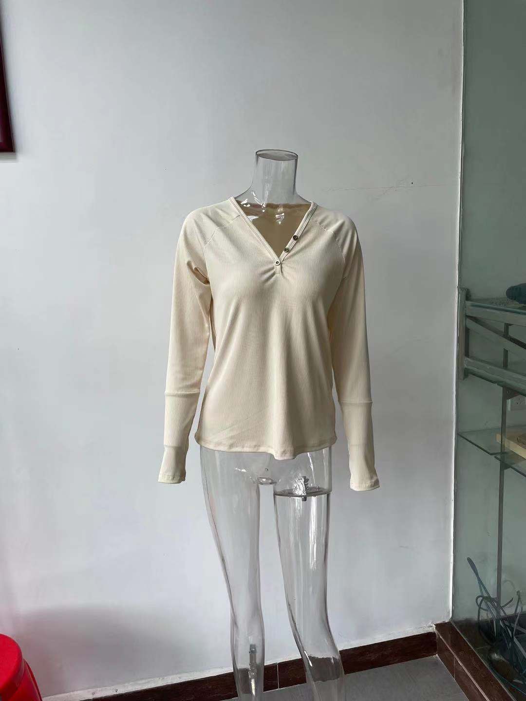 Button V-neck Versatile Long-sleeved T-shirt