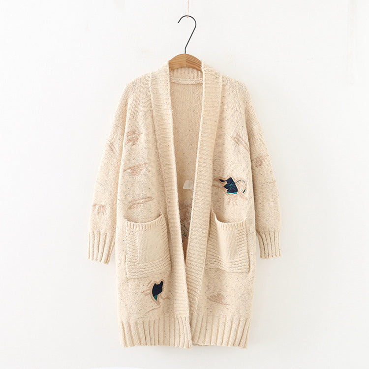 Large Size Embroidery Knitted Long Cardigan Casual Loose Jacket