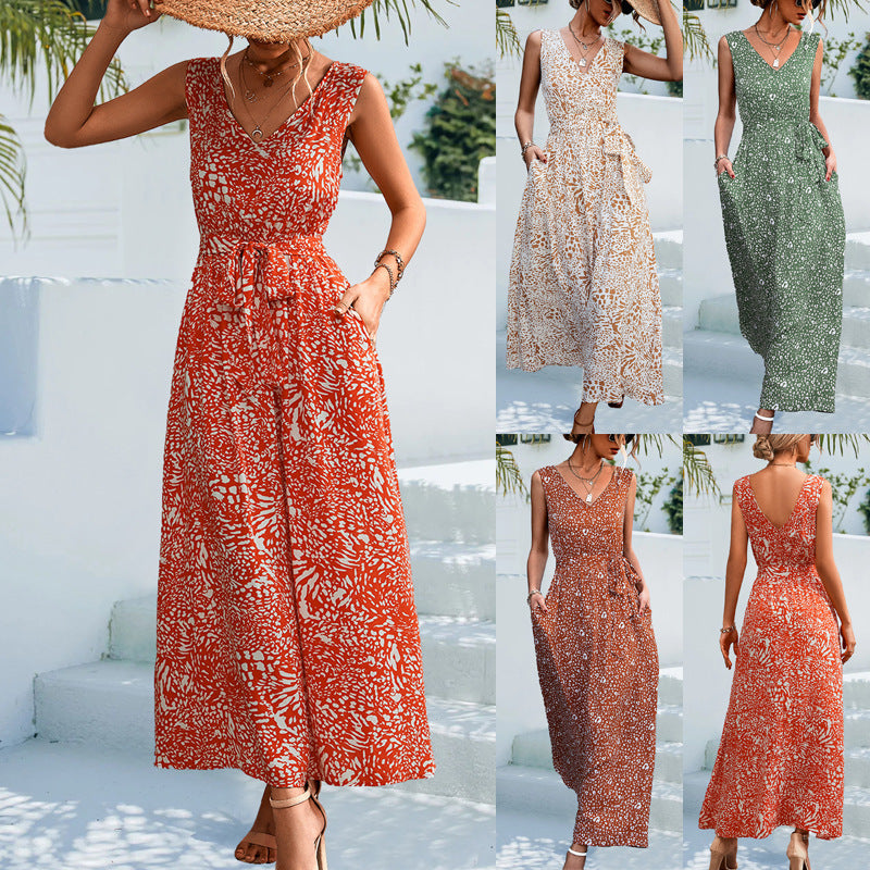 Women's Spring And Summer New Leopard Print V-neck Lace-up Long Dress