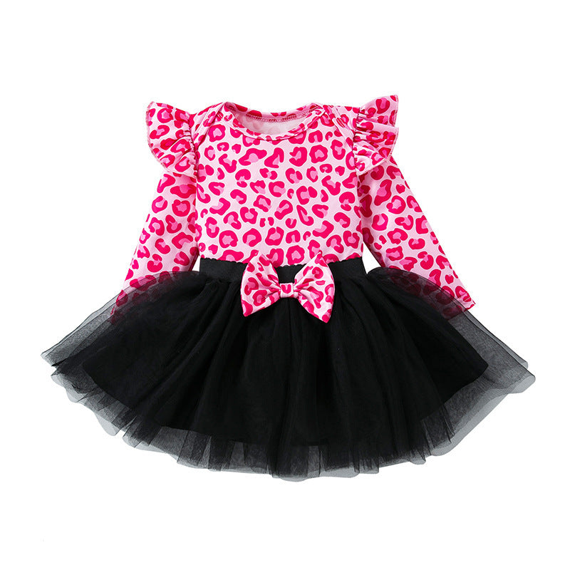 Spring And Autumn Women's Leopard Print Flounced Sleeve Mesh Princess Dress 2-piece Set