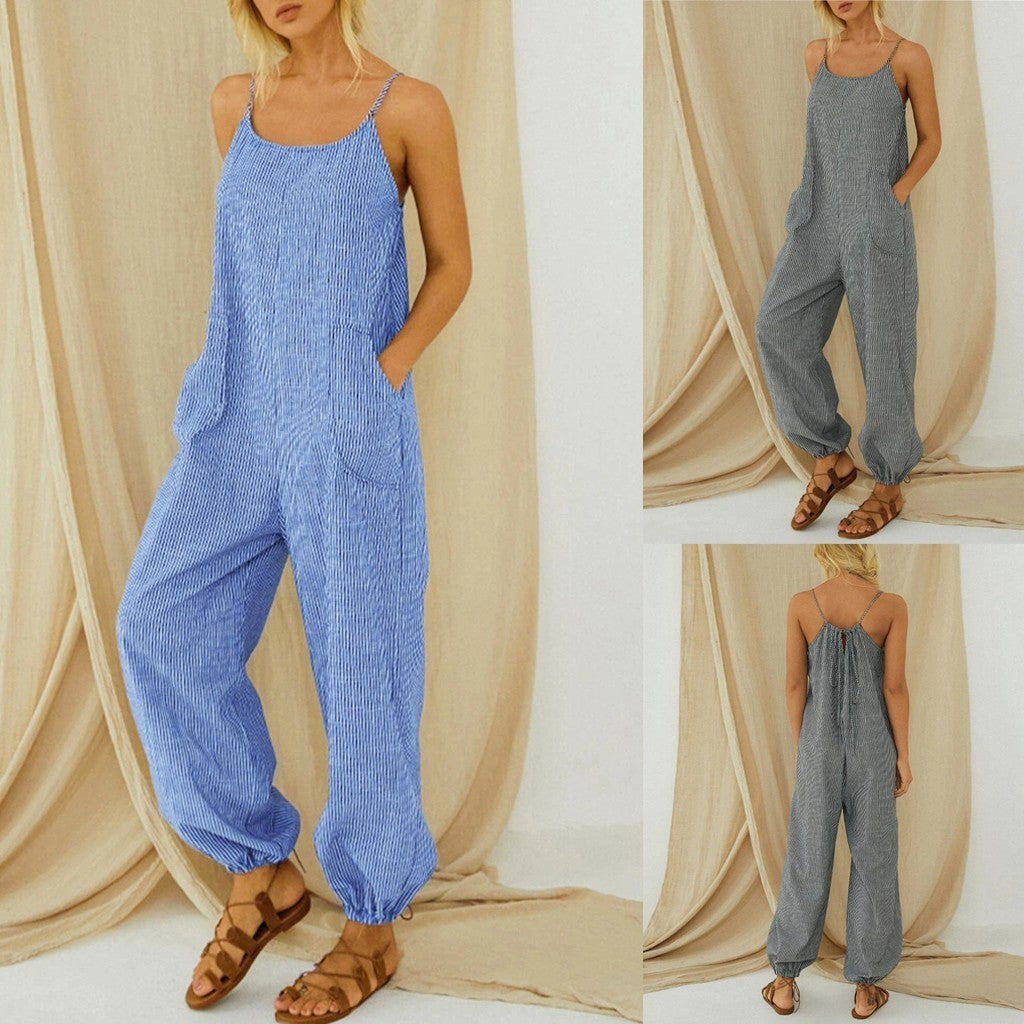 Sling romper pocket cotton and linen stripes